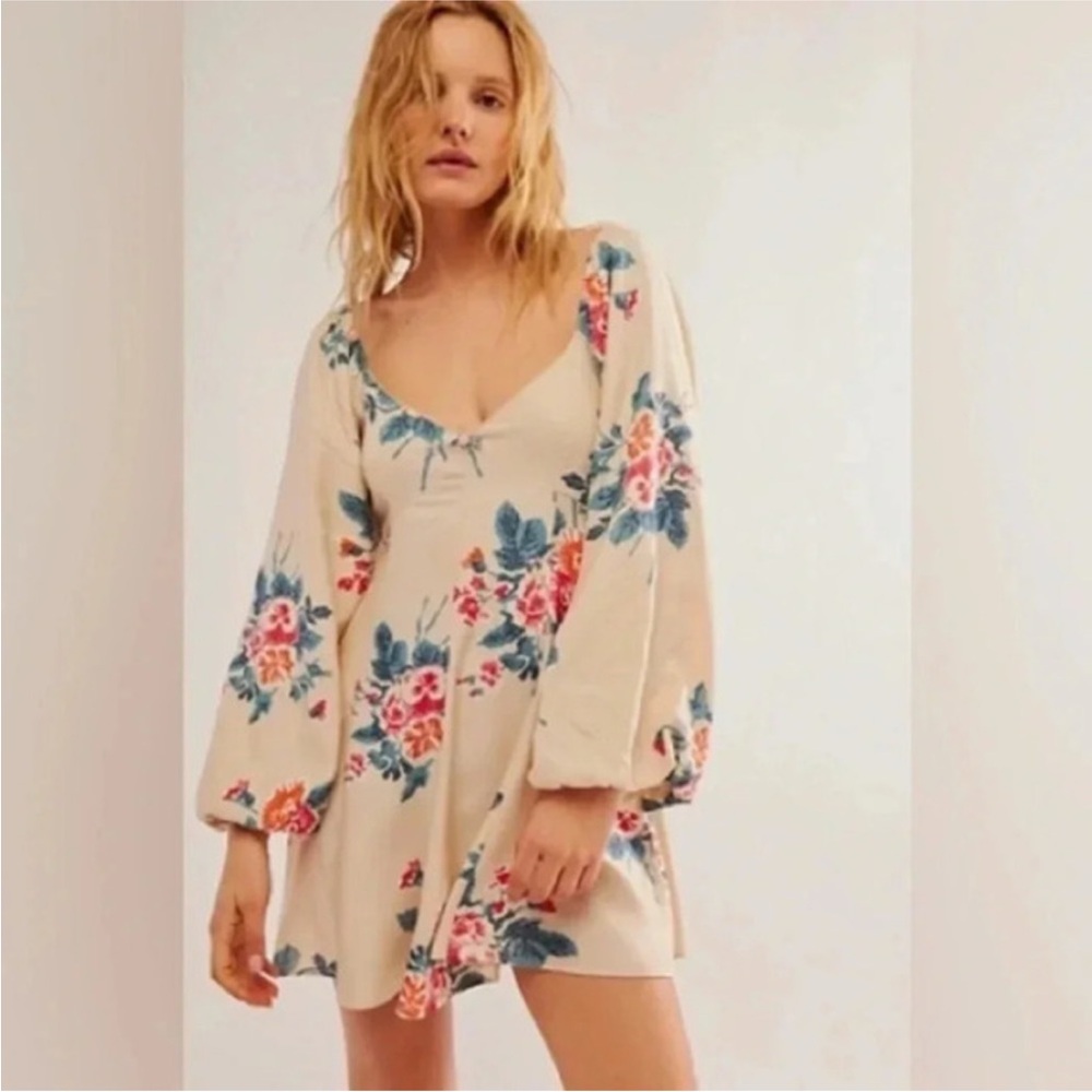NWOT  Free People Francesca Floral Print Long Sleeve Minidress WARM IVORY COMBO